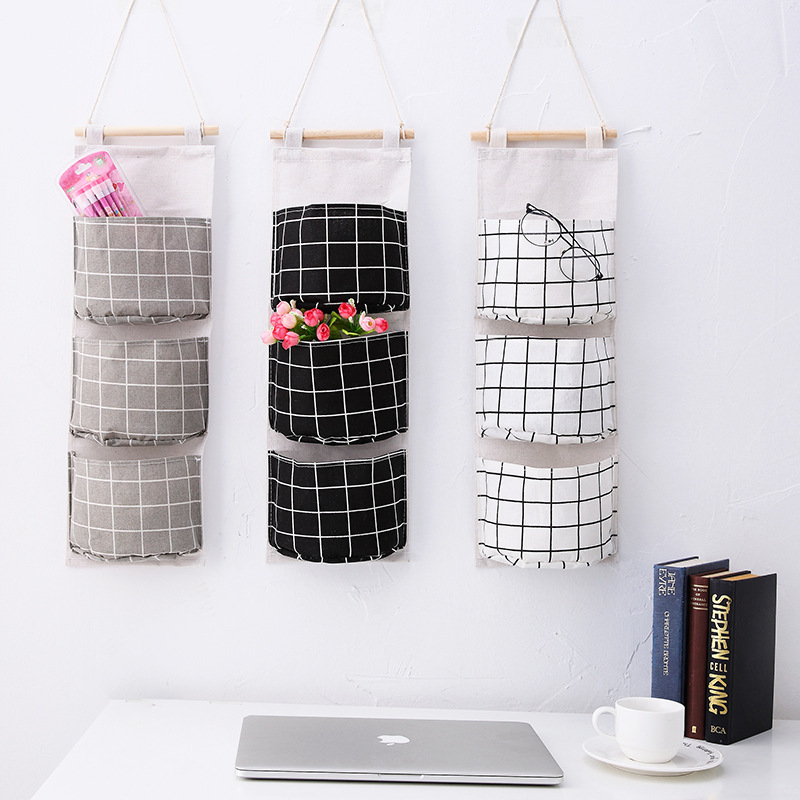 Plaid cotton and linen storage three-pocket hanging bag behind the door storage bag simple fashion hanging pocket storage bag