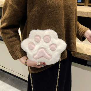 2024 autumn and winter new Korean style hairy bear paw small round bag color contrast simple mini girl chain shoulder messenger bag