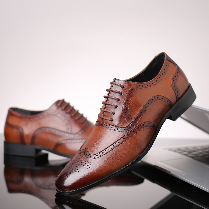 New Large Size Men's Retro Business Dress Fashion Leather Shoes British Casual Single-layer Shoes Brock Trendy Shoes Men's Single-layer Shoes