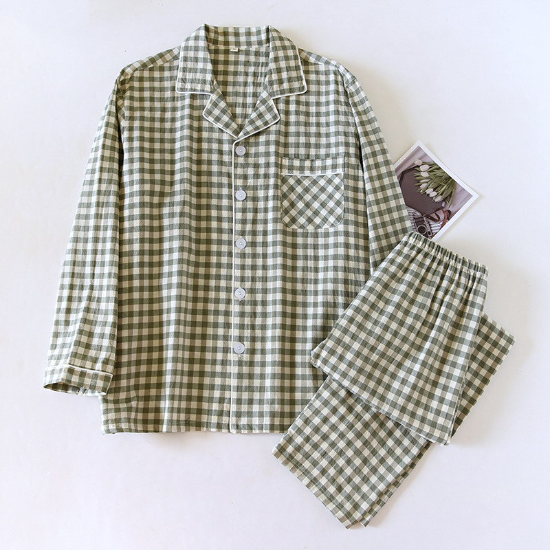 Japanese Style Plaid Couple Pajamas Women's Spring and Autumn Pure Cotton Cotton Thin Summer Men's Autumn and Winter Long Sleeve Home Suit