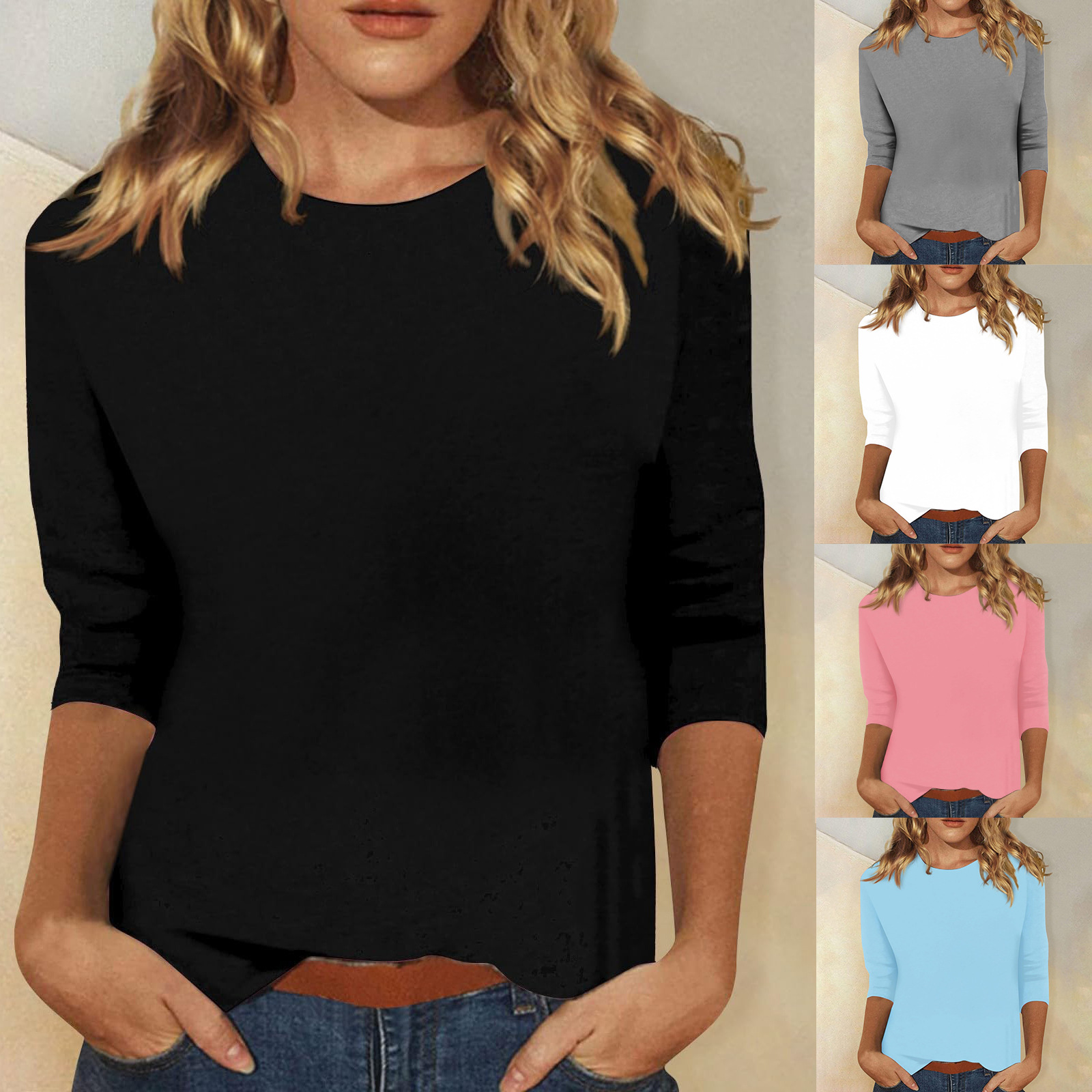2023 autumn and winter European and American cross-border women's clothing Amazon independent station Foreign trade top round neck 3/4 sleeve solid color T-shirt