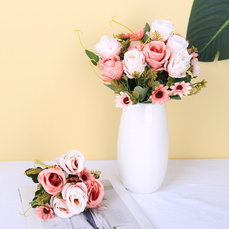 European Style 5 Head Curled Rose Bouquet Wedding Decoration Living Room Home Photography Artificial Flower Fake Simulation Rose Fake Flower