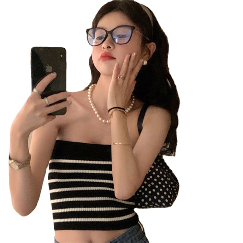 Strapless Tube Top Beautiful Back Outer Wear Spice Sling Top Design Sense Summer Striped Knitted Ice Silk Small Vest for Women