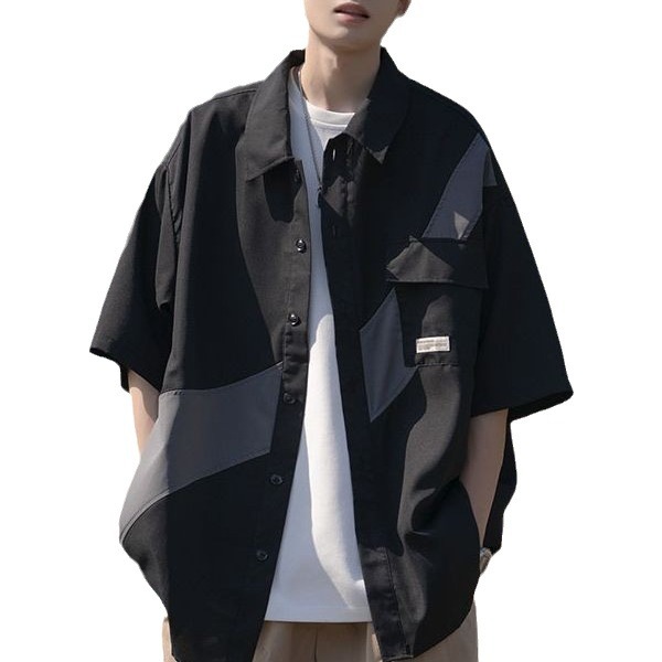 Workwear short sleeve shirt men's summer new Japanese retro color matching half sleeve shirt American fashion brand Pu handsome coat