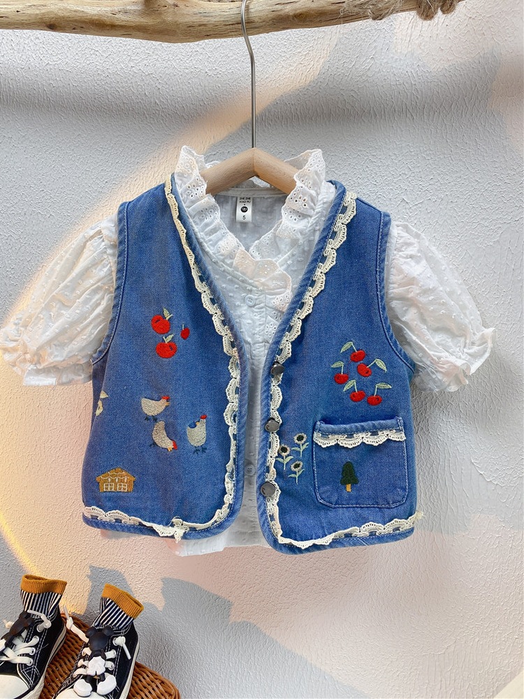 [Pick up] girls' Waistcoat Vest outer wear spring and summer Small Children Baby denim jacket retro trendy children's coat