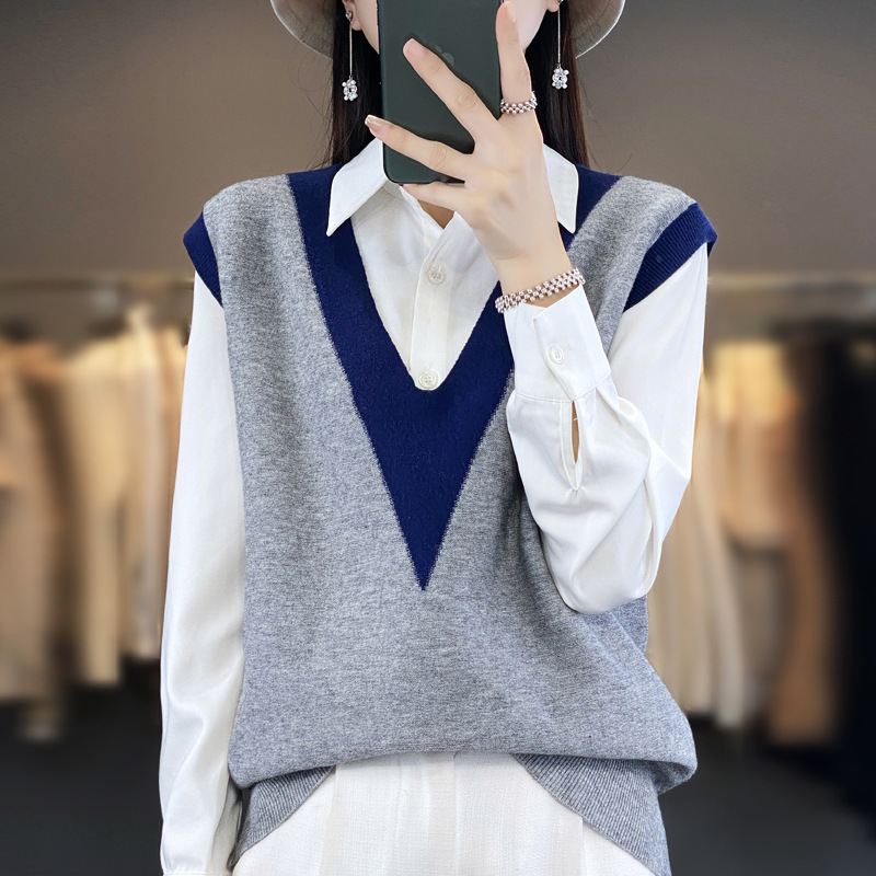 Autumn and winter new women's knitted wool vest pullover vest waistcoat V-neck contrast color loose Korean manufacturers wholesale