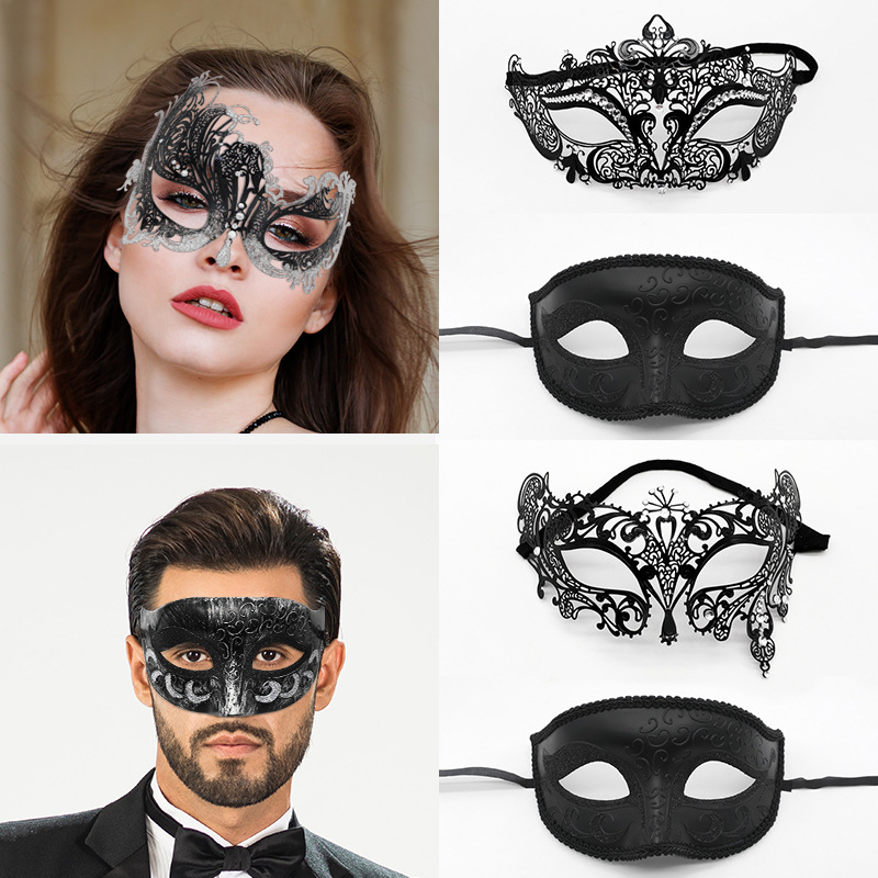 Venetian Masquerade Iron Mask Party Metallic Diamond Iron Mask Set Black Eye Mask Halloween