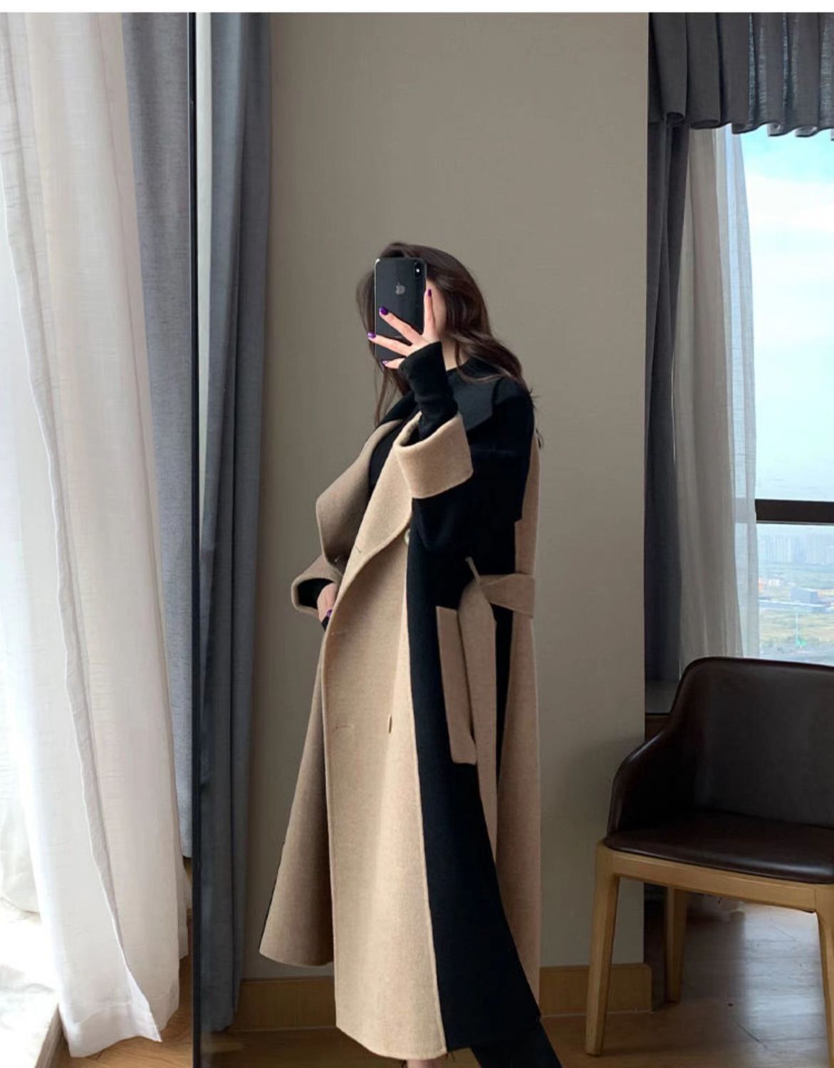 Uldfrakke Dame lang 2023 vinter Ny dobbeltsidet fleece uld farveblok Elegant Hepburn stil slankende frakke_voghion.com