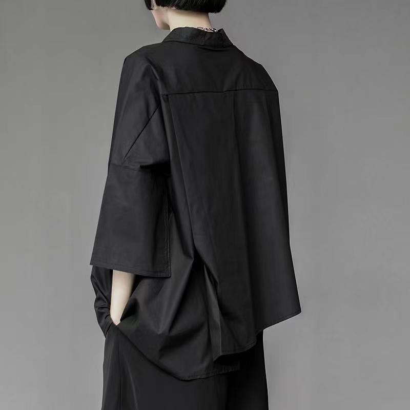 Summer lazy style loose short sleeve black shirt Women's irregular 3/4 sleeve bf shirt top