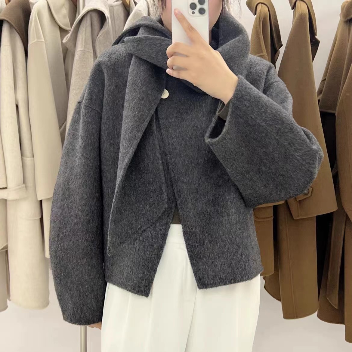23 autumn and winter New scarf collar short double-sided cashmere coat women's small round neck Weibo wool coat_voghion.com