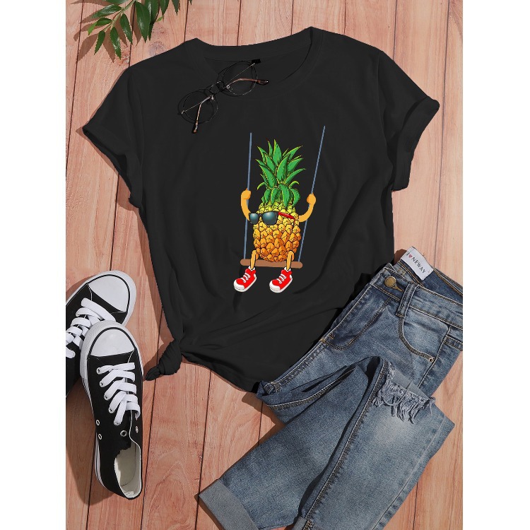 European and American cross-border creative cartoon pineapple letter print casual short-sleeved T-shirt for women