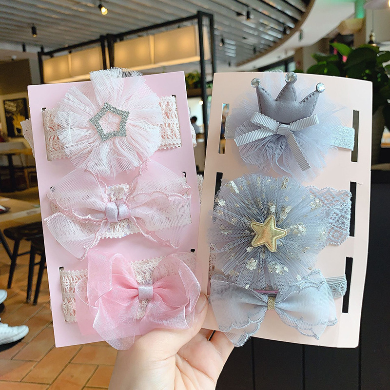 European and American bow flower hair band children's lace headdress flower hair accessories three-piece set baby baby hair accessories headband