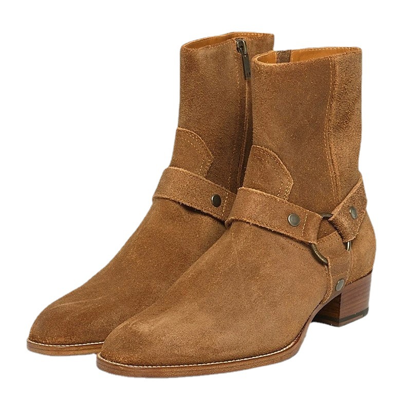 European and American CHELSEA BOOT CHELSEA Boots Men's Leather Pointed High-Top Frosted Denim British Martin Boots Trendy