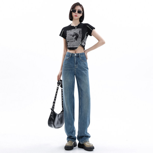 春秋直筒牛仔褲女2025新款高腰垂感梨形身材女褲小個子窄版闊腿褲