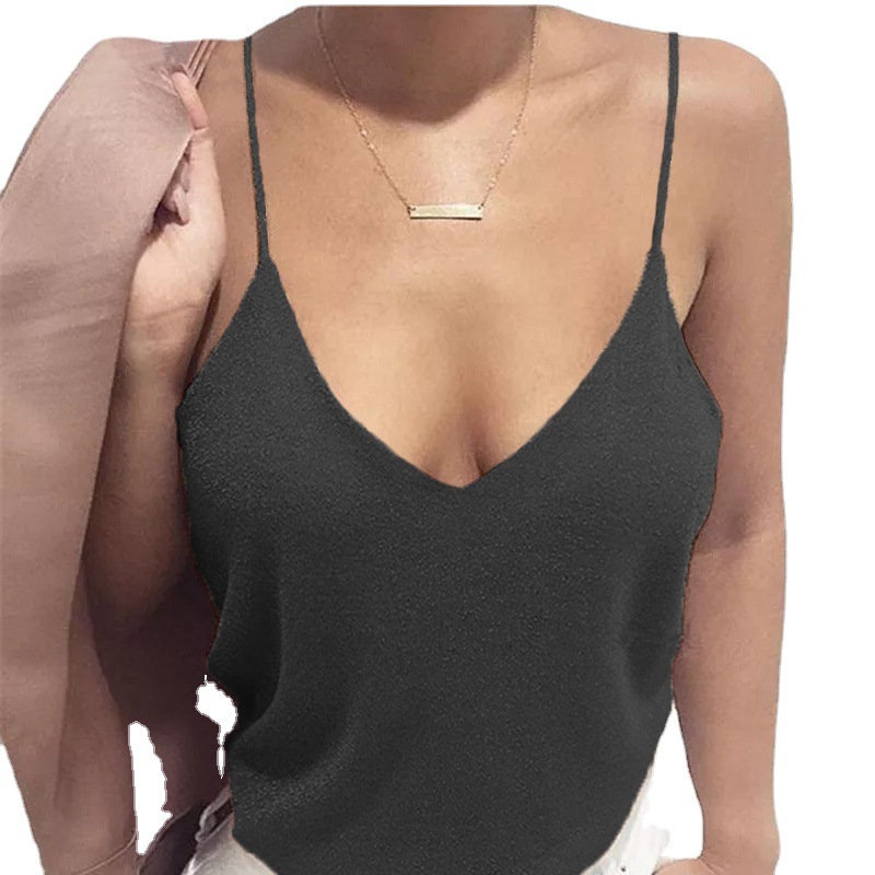 Cross-border Foreign Trade 2022 European and American New Women's Solid Color Deep V-neck Sexy Sling Tight Casual Vest T-shirt for Women