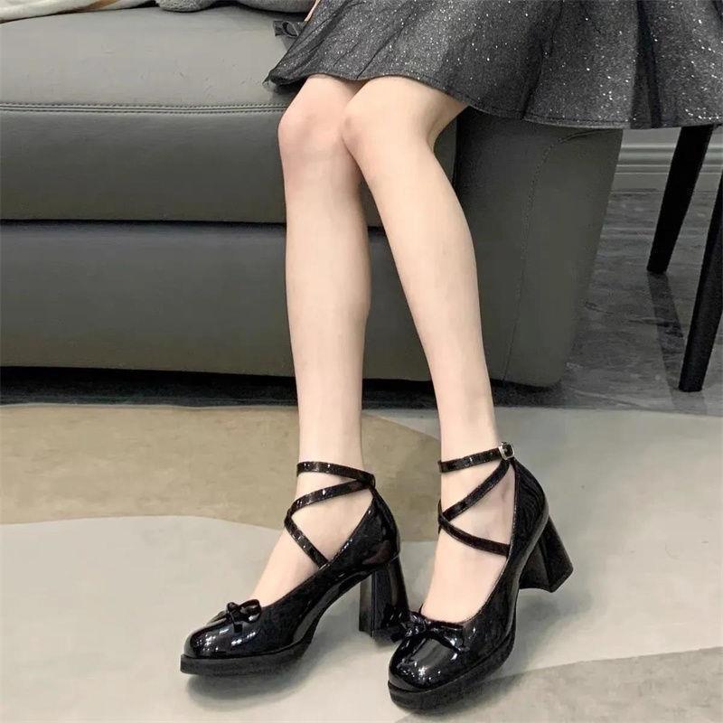 法式交叉蝴蝶結瑪麗珍鞋英倫風粗跟小皮鞋女2022夏季新款高跟單鞋