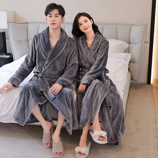 Pajamas Women's Coral Fleece Bathrobe Men's Thickened Long Couple's Nightgown Comfortable Warm Bathrobe Autumn and Winter Light Luxury Morning Gown