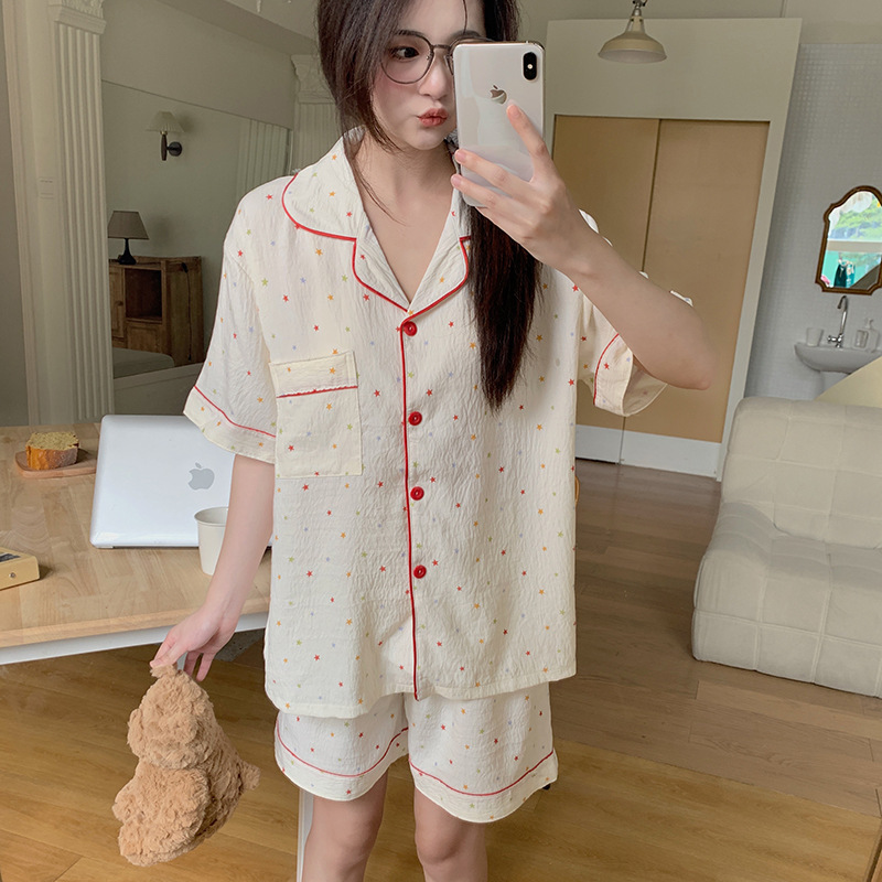 Summer Clouds Cotton Short-sleeved Shorts Pajamas suit Women's Lapel Women's Simple Outwear Home Clothes for Women