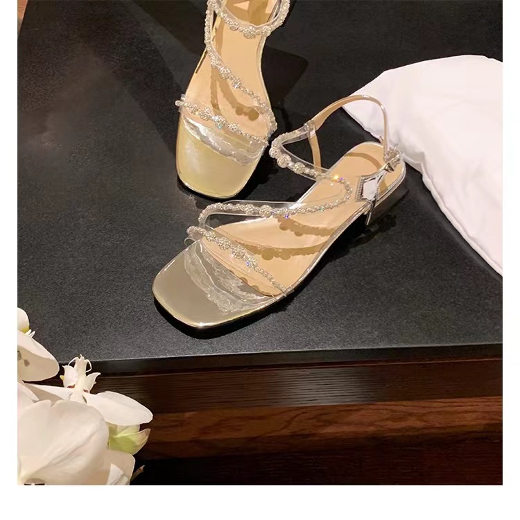 Grape Mom Same Style 2023 Summer New Korean Style Square Head Flash Diamond One-character High Heel Women's Shoes Thick Heel Sandals