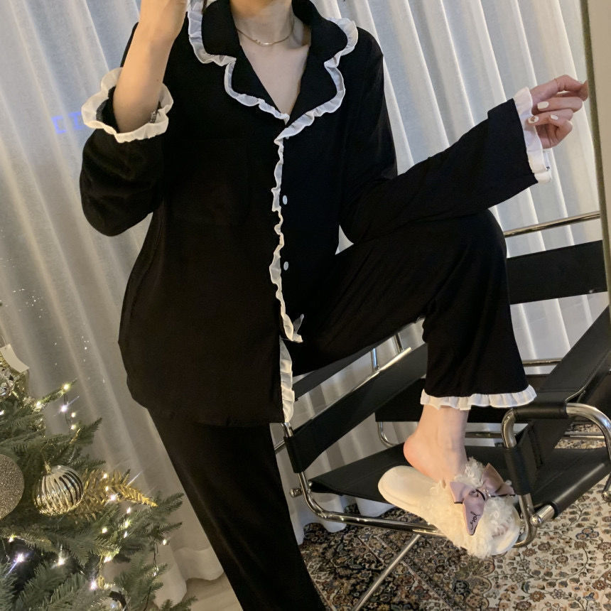ins Cyber Celebrity Lace Long-sleeved Simple Black Spring and Autumn Long-sleeved Trousers Cardigan Pajamas Women's Sweet Loose Home Clothes