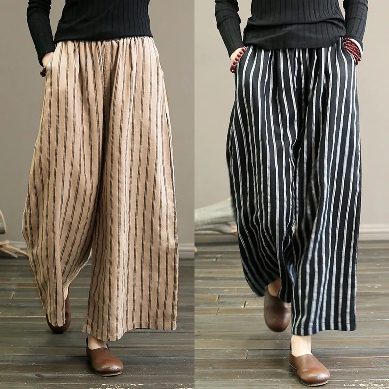 Artistic cotton and linen striped wide-leg pants summer 2023 new women's plus size slimming drape casual straight cropped pants fashion