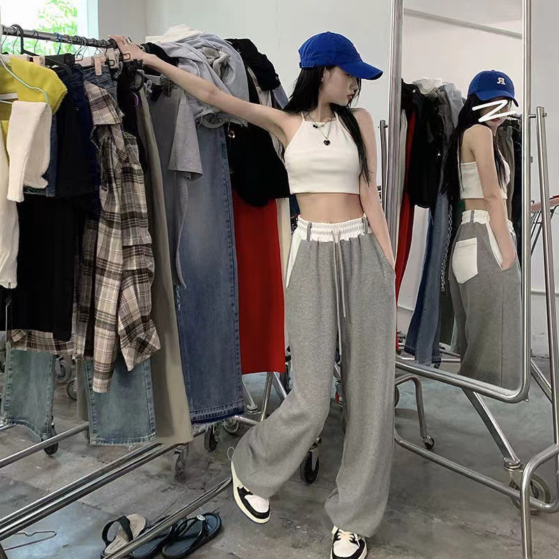 Hong Kong Style Grey Sports Pants Women's 2023 New High Waist Dipping Loose Wide Leg Floor Casual Pants All-match Sweatpants