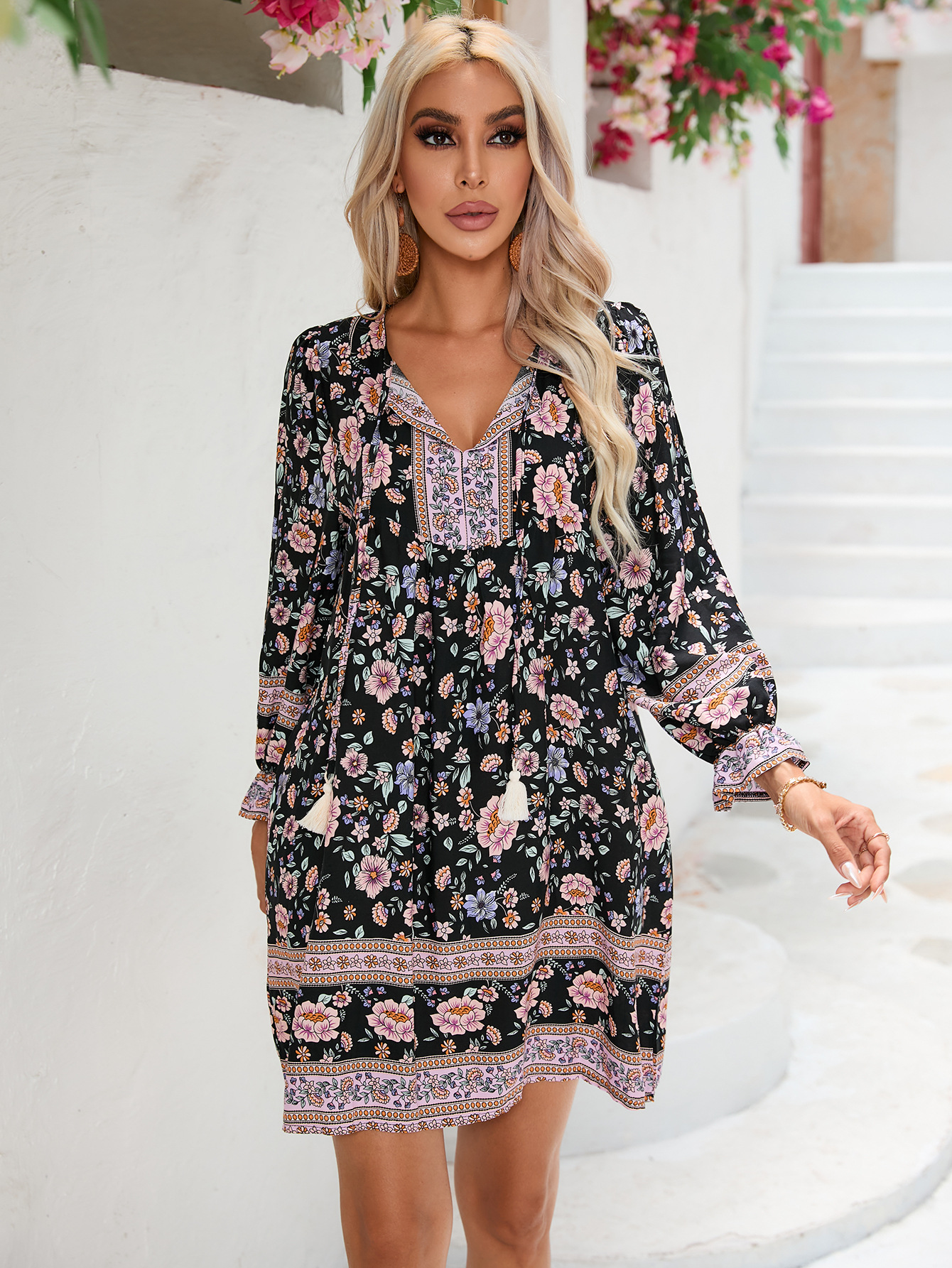 Real shot in stock Amazon independent station rayon positioning flower fresh skirt female Bohemian new dress