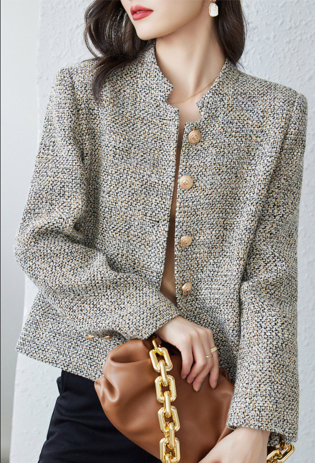 French Style Chanel Style Coat Women's 2023 Spring and Autumn New Style Vertical Collar Woolen Fashionable Elegant Niche Chic Short Top