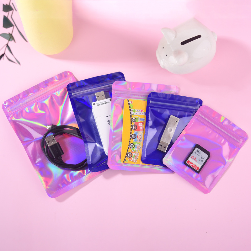 Pink Laser Self-sealing Bag Cute Jewelry Thickened Transparent Plastic Sealed Bag Beauty Makeup Lighter Packaging Bag small size