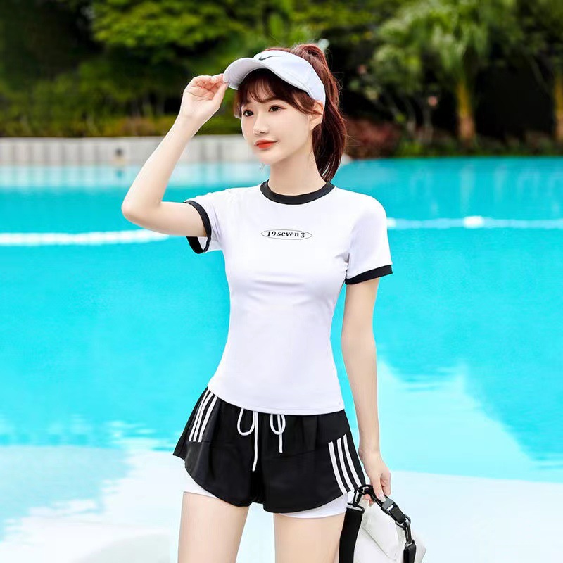 Split Swimsuit Women Wholesale Short Sleeve Conservative Belly Cover Slimming Professional Sports Sexy Hot Spring Two-Piece Seaside Swimsuit