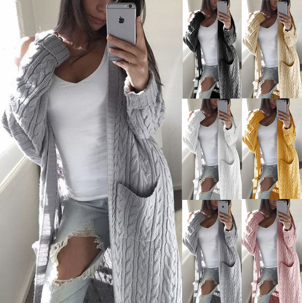 Popular Autumn and Winter Women's Outer Wear Amazon Knitted Sweater European and American Style Long Double Pocket Twist Women's Cardigan Sweater