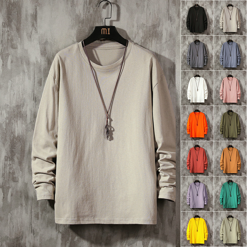 Cotton men's long-sleeved T-shirt 2023 Spring and Autumn new fashionable loose clothes solid color T-shirt plus size bottoming inner wear