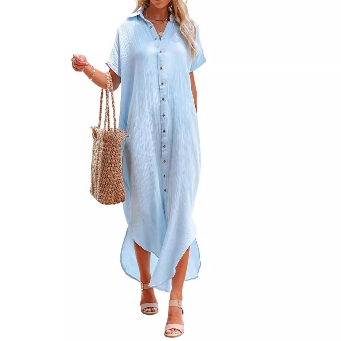 Cross-border Hot Solid Color Shirt Women's Simple Style Summer New Long V-neck Single-breasted Short-sleeved Cardigan Shirt for Women