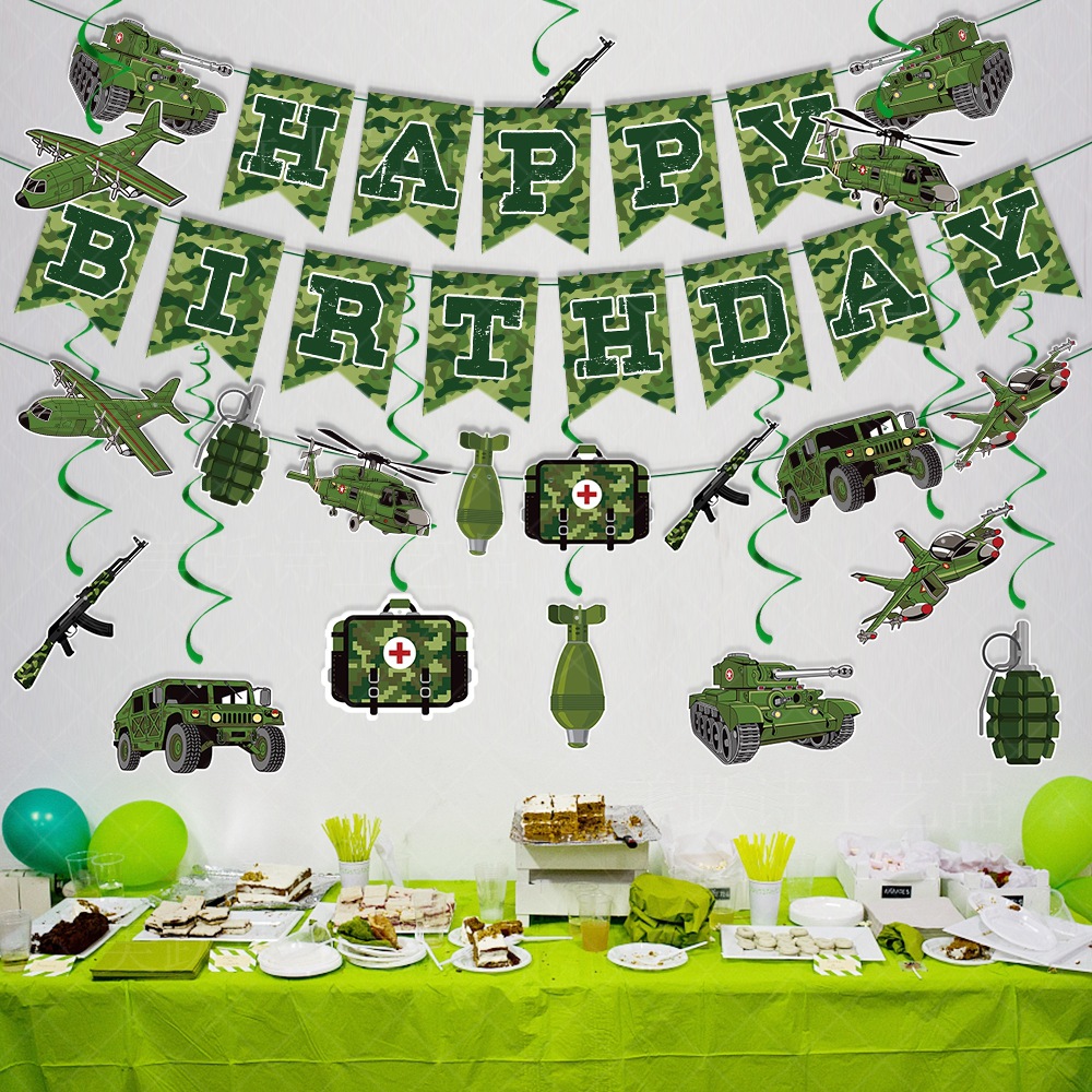 New military theme birthday party decoration birthday pull flag camouflage pull flag spiral pendant cake card insertion