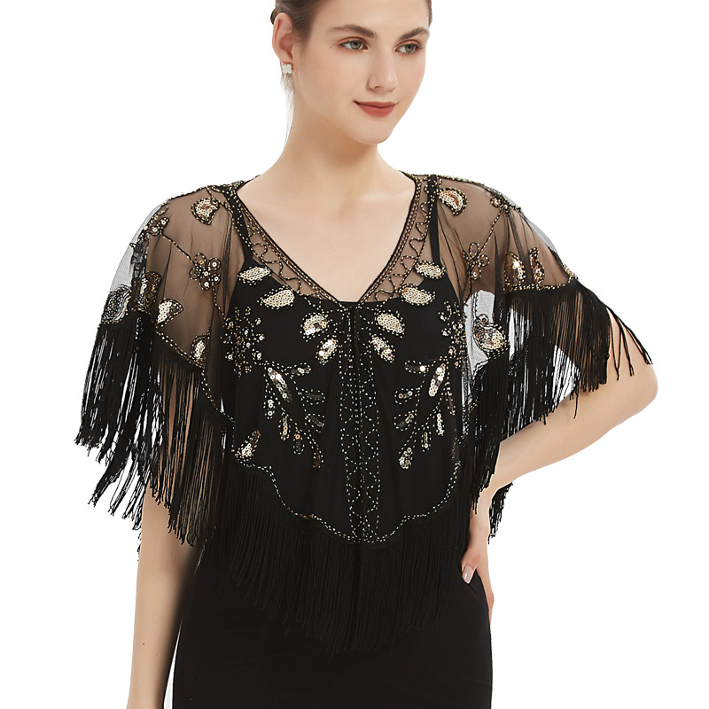 Amazon Foreign Trade Embroidered Beaded Mesh Tassel Shawl Dress Dress Fashion Outer Short Small Blouse Cloak