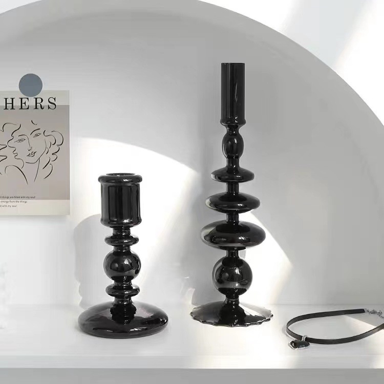 Photo Decorative Props ins Style Black Glass Candlestick Ornaments Nordic Light Luxury Home Clothing Store Simple Tray