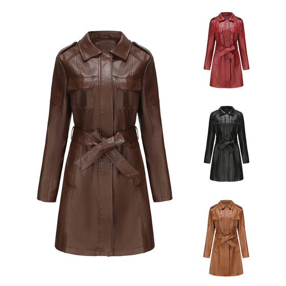 2023 New European and American Mid-length Leather Coat with Belt Spring and Autumn Long Sleeve Leather Coat Fashion British Coat Women