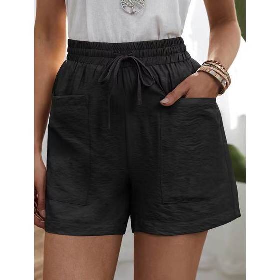 European and American Cross-border wish Summer Women's New Loose Linen Casual Shorts Pocket Solid Color Large Size High Waist Wide Leg Pants