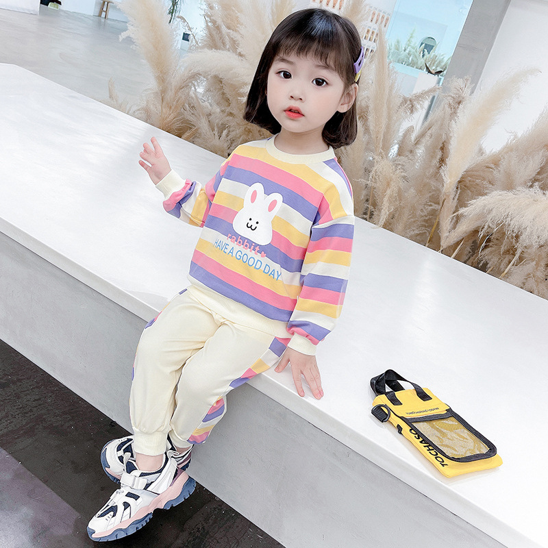 Women's Children's Fashion Suit Western Style 2023 New Children's Spring and Autumn Long Sleeve Sweatshirt Striped Rabbit Two-piece Suit