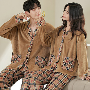 2022 Autumn and Winter New Coral Velvet Couple Pajamas Plus Velvet Polly Age-reducing Plaid Same Curry Couple Wearing