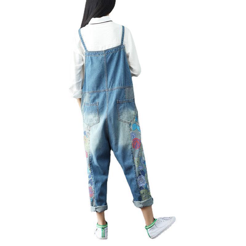 2024 distressed stitched jeans women's large size printed suspenders large crotch suspenders vagrant