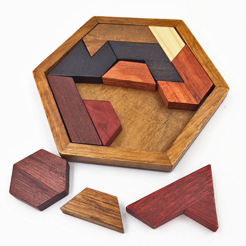 Wooden Puzzle Hexagonal Geometric Puzzle Puzzle Children's Building Blocks Tangram Unlock Kongming Lock Early Education Decompression