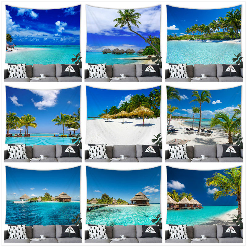 Tropical seaside landscape cross-border supply factory peach skin brushed cloth tapestry wall hanging painting picture G005