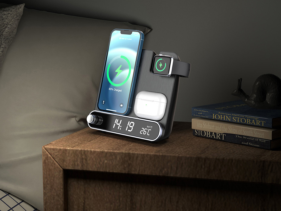 2024 new alarm clock wireless charging three-in-one wireless charging 15W clock wireless charging with thermometer