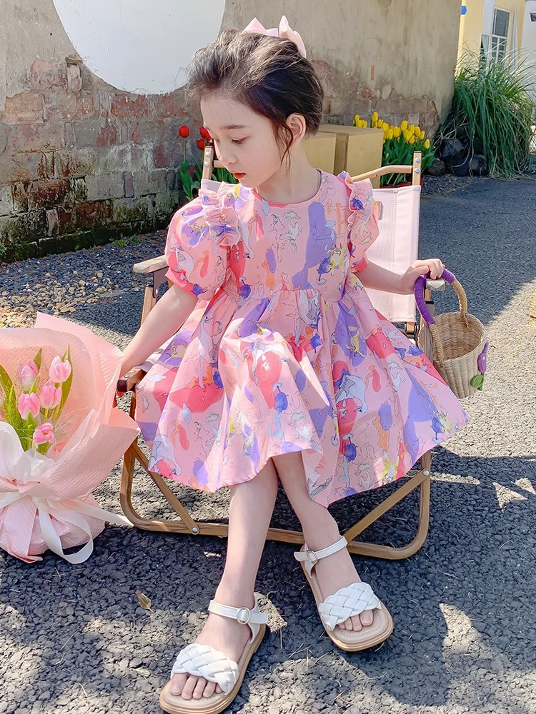 Girls Summer Pink Dress 2023 New Puff Sleeve Princess Dress Sweet Cartoon Dress Western Style Lace