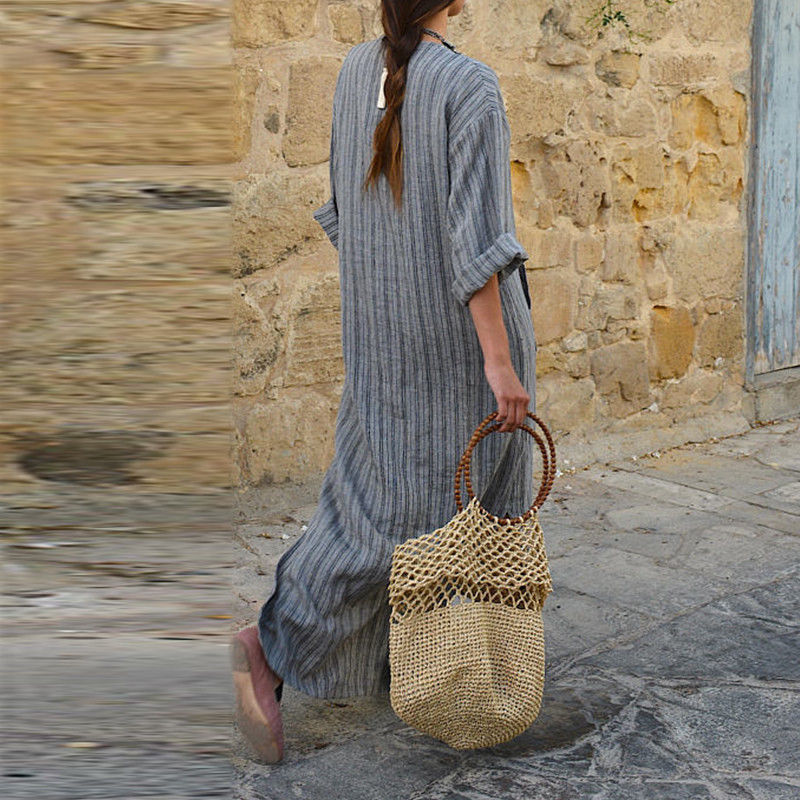 Cross-border independent station Amazon explosions Europe and the United States new cotton and linen yarn-dyed striped loose long dress