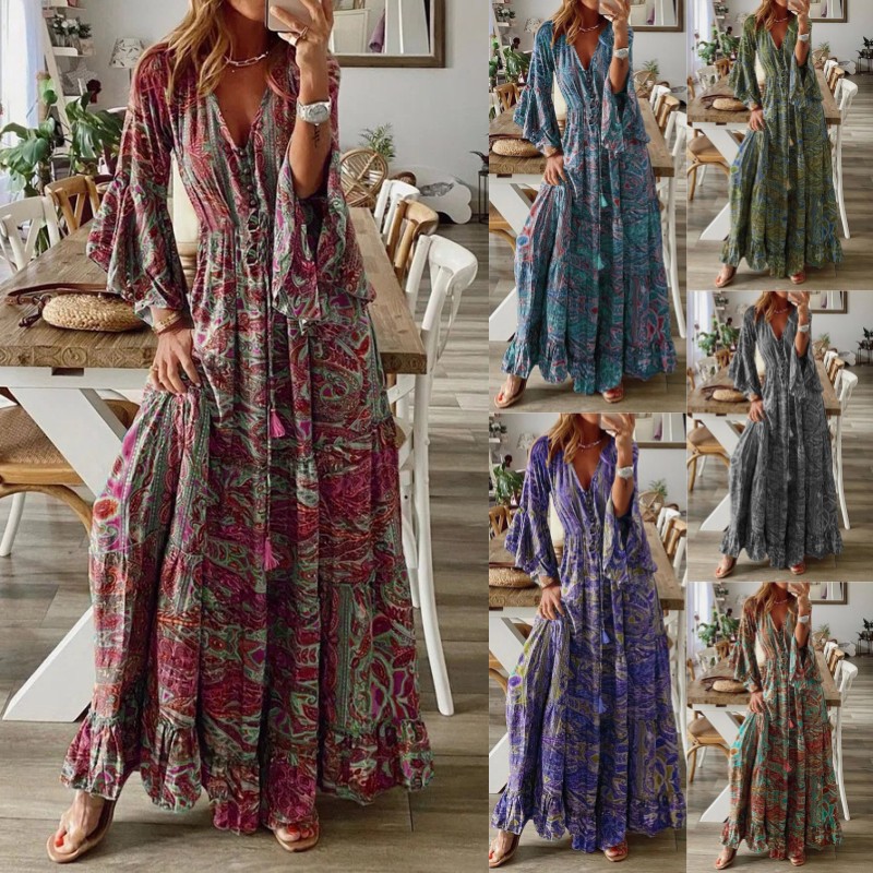 European and American Cross-border Bohemian Flare Sleeve Printed V-neck High Waist dress Floral Long Dress