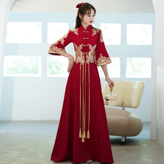 plus size Toast Dress Bride Summer Wedding Engagement Dress Chinese Xiuhe Dress wine red Long Toast Dress 2002