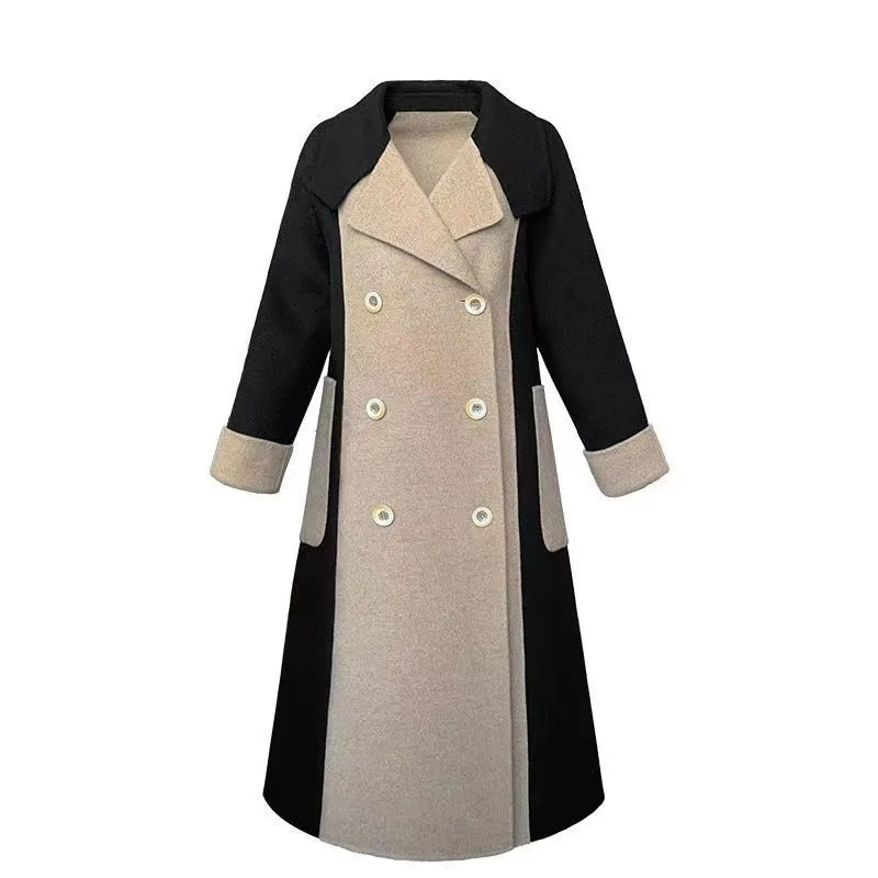 Winter new double-sided velvet wool color matching elegant Hepburn style slimming woolen coat women's long belt coat