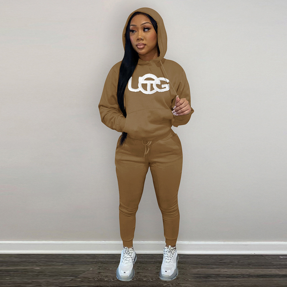 D88140 European and American Women's Clothing Independent Station Supply Embroidery Plush Autumn and Winter Fleece Hooded Sweatshirt Suit Women's Clothing